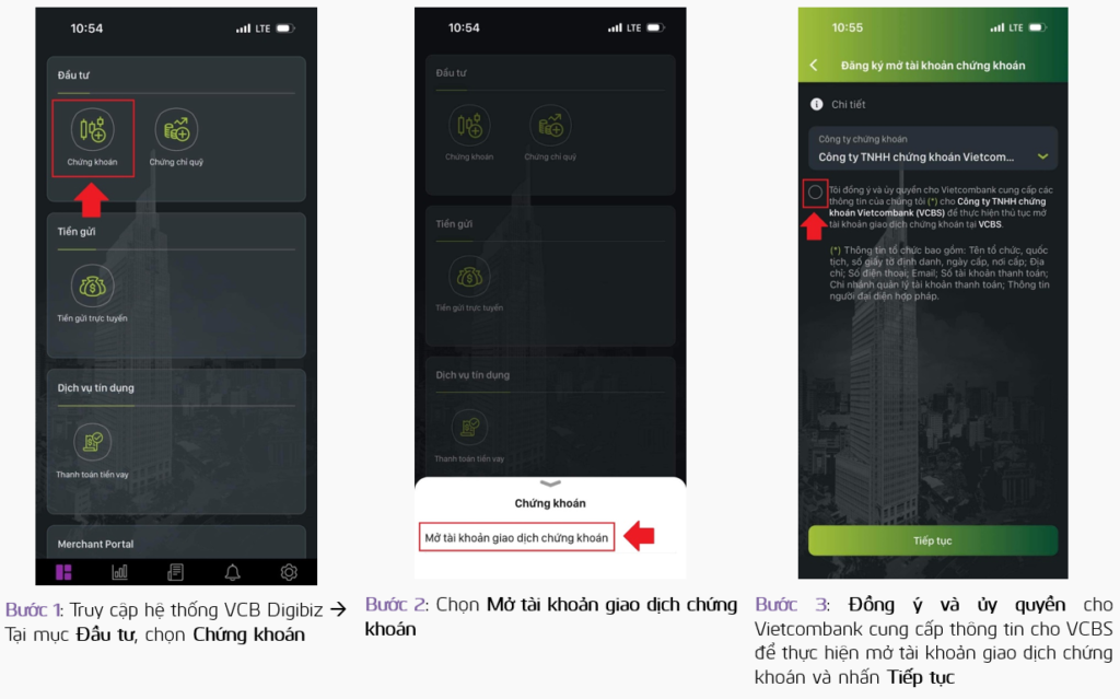 Mở tài khoản giao dịch chứng khoán qua ứng dụng VCB Digibiz