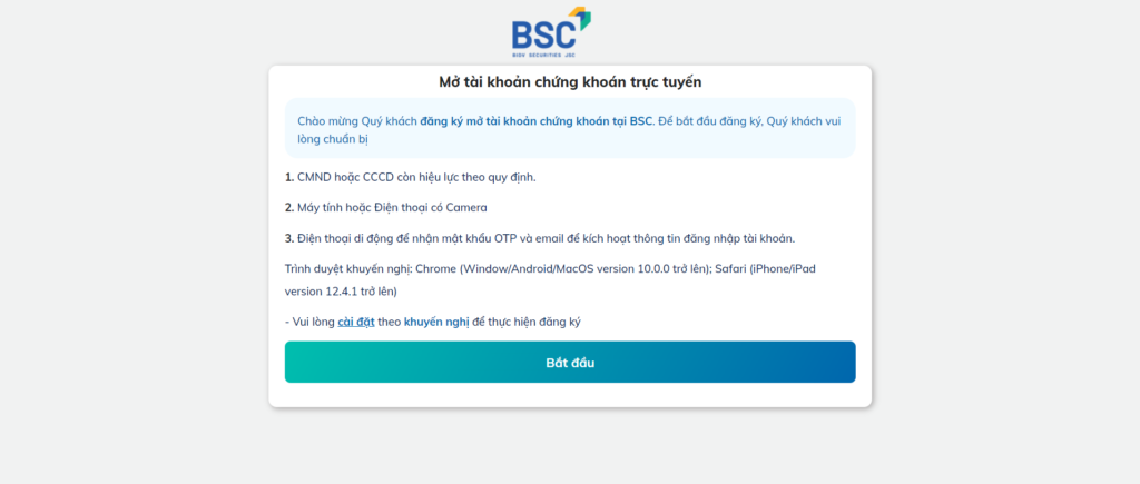 Cách Mở Tài Khoản Chứng Khoán BIDV Nhanh Nhất Tại Nhà 2024 14 Truy cập website https://dangky.bsc.com.vn/ và chọn "Bắt đầu"
