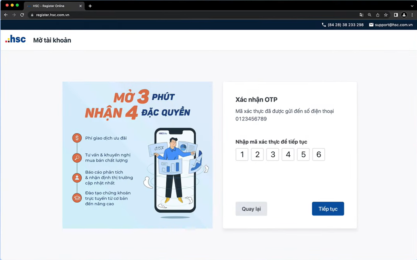 Sàn Chứng Khoán HSC 8 Nhập số điện thoại và email, sau đó xác thực bằng mã OTP