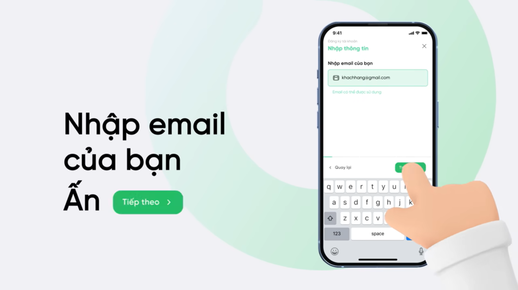 Nhập email rồi nhấn tiếp theo