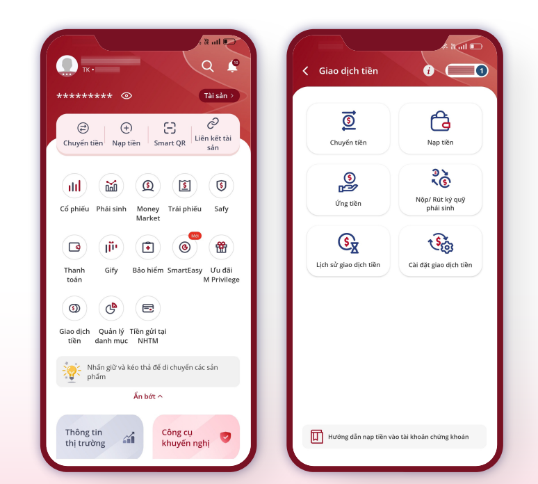 Hướng Dẫn Nạp Tiền Vào Tài Khoản Chứng Khoán VPS Từ Ngân Hàng BIDV Bằng Ứng Dụng Smartone Mới Nhất 2024 15 Chọn tính năng "Nạp tiền" ngay tại màn hình Trang chủ hoặc Chọn "Giao dịch tiền" tại màn hình trang chủ → Chọn tính năng "Nạp tiền"