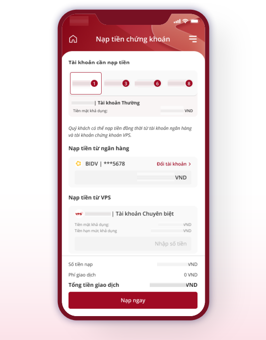 Hướng Dẫn Nạp Tiền Vào Tài Khoản Chứng Khoán VPS Từ Ngân Hàng BIDV Bằng Ứng Dụng Smartone Mới Nhất 2024 17 Tại mục "Nạp tiền từ ngân hàng" → Bấm vào Chọn tài khoản Ngân hàng → Chọn tài khoản BIDV → Nhập số tiền muốn nạp